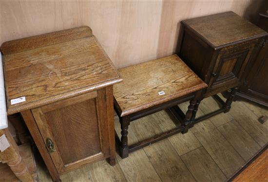 Two oak bedside cupboards and a joint stool, stool W.55cm
